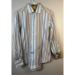 Robert Graham Striped Cotton Flip Cuff With Silk Trim Button Shirt Sz Medium